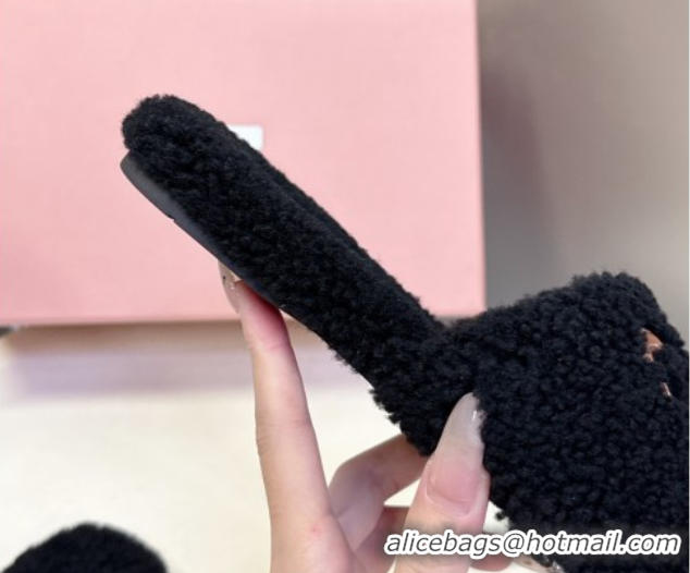 Stylish Miu Miu Shearling Flat Slides Sandal Black MIU082608 0826050