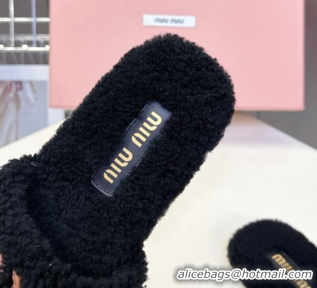 Stylish Miu Miu Shearling Flat Slides Sandal Black MIU082608 0826050