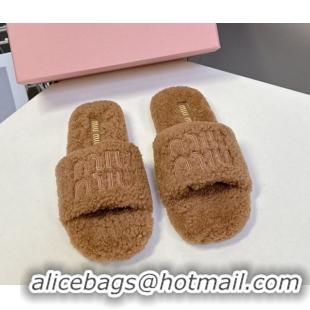 Pretty Style Miu Miu Shearling Flat Slides Sandal Light Brown MIU082608 0826051