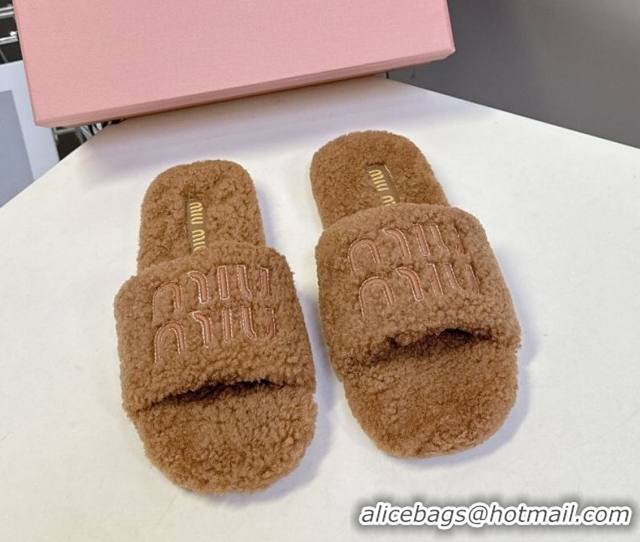 Pretty Style Miu Miu Shearling Flat Slides Sandal Light Brown MIU082608 0826051