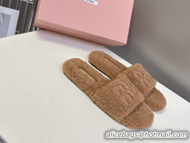 Pretty Style Miu Miu Shearling Flat Slides Sandal Light Brown MIU082608 0826051