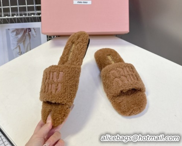 Pretty Style Miu Miu Shearling Flat Slides Sandal Light Brown MIU082608 0826051