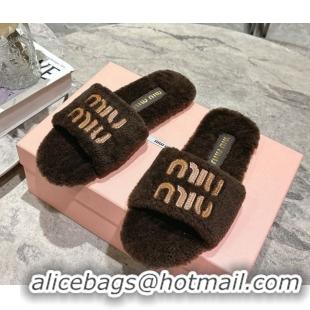 Grade Quality Miu Miu Shearling Flat Slides Sandal Dark Brown MIU082608 0826052
