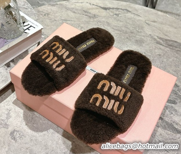 Grade Quality Miu Miu Shearling Flat Slides Sandal Dark Brown MIU082608 0826052