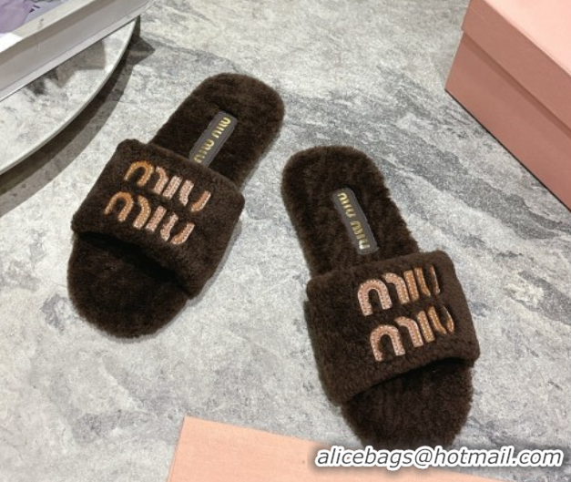 Grade Quality Miu Miu Shearling Flat Slides Sandal Dark Brown MIU082608 0826052