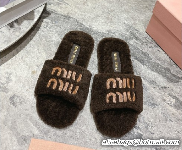 Grade Quality Miu Miu Shearling Flat Slides Sandal Dark Brown MIU082608 0826052