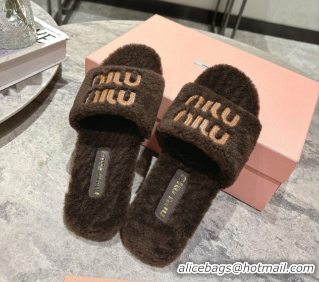 Grade Quality Miu Miu Shearling Flat Slides Sandal Dark Brown MIU082608 0826052