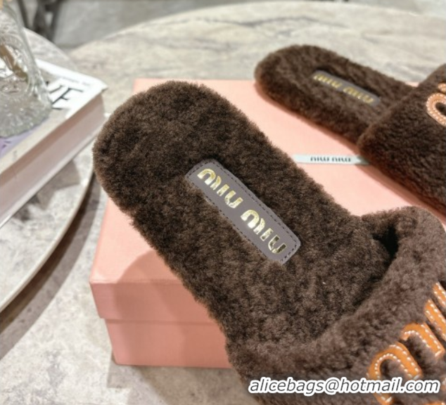 Grade Quality Miu Miu Shearling Flat Slides Sandal Dark Brown MIU082608 0826052
