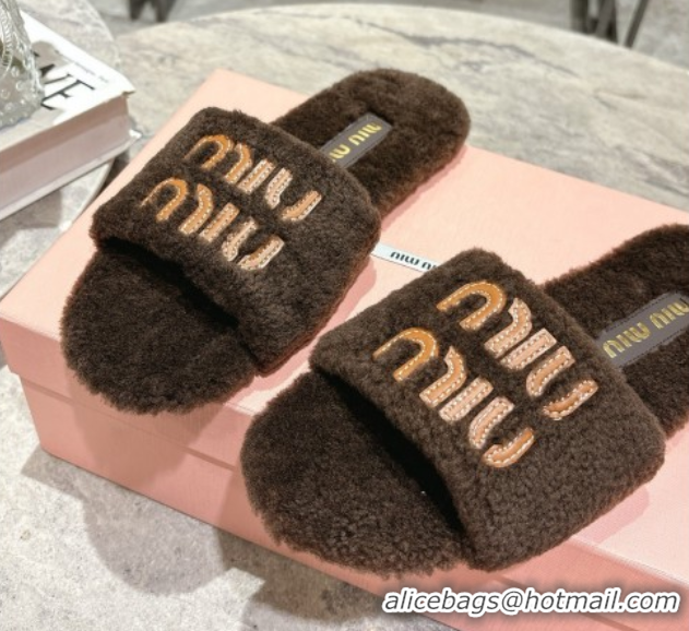 Grade Quality Miu Miu Shearling Flat Slides Sandal Dark Brown MIU082608 0826052