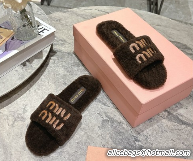 Grade Quality Miu Miu Shearling Flat Slides Sandal Dark Brown MIU082608 0826052