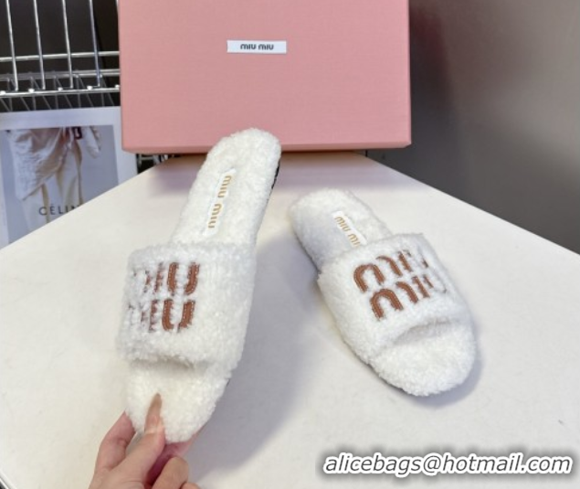 Grade Miu Miu Shearling Flat Slides Sandal White MIU082608 0826053