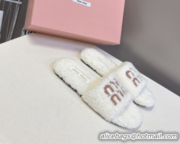 Grade Miu Miu Shearling Flat Slides Sandal White MIU082608 0826053