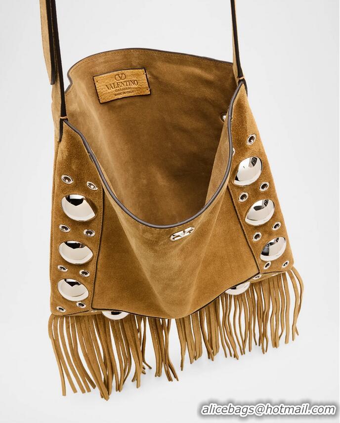 ​Top Design Valentino Nellcote Shoulder Bag in Suede with Fringes Tassel and Ball Studs 2033 Brown 2025