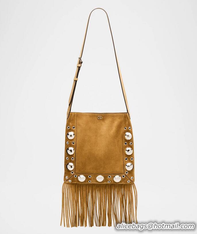 ​Top Design Valentino Nellcote Shoulder Bag in Suede with Fringes Tassel and Ball Studs 2033 Brown 2025