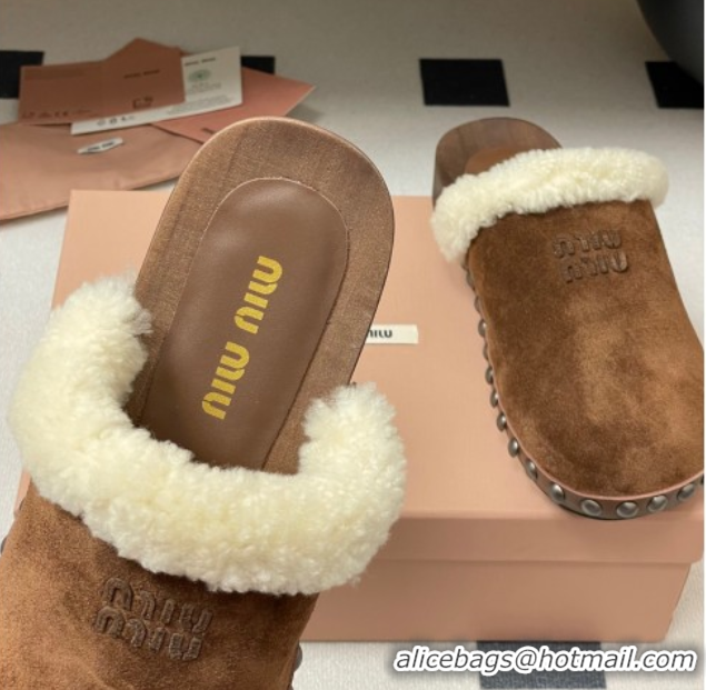 Duplicate Miu Miu Suede and Wool Clogs Mules Brown MIU082609 0826056