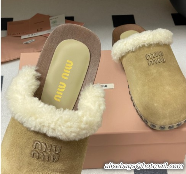 Grade Miu Miu Suede and Wool Clogs Mules Beige 0826057