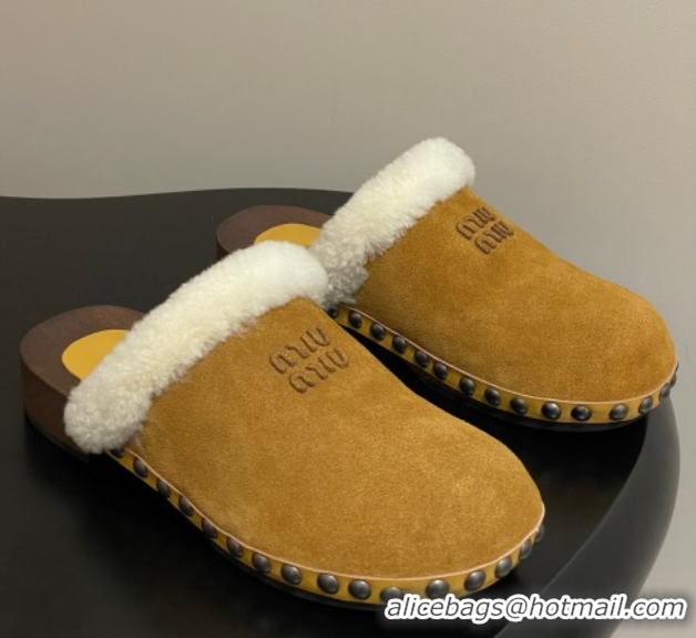 1:1 aaaaa Miu Miu Suede and Wool Clogs Mules Yellow MIU082609 0826058