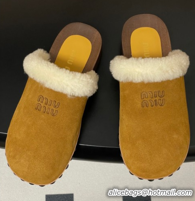 1:1 aaaaa Miu Miu Suede and Wool Clogs Mules Yellow MIU082609 0826058