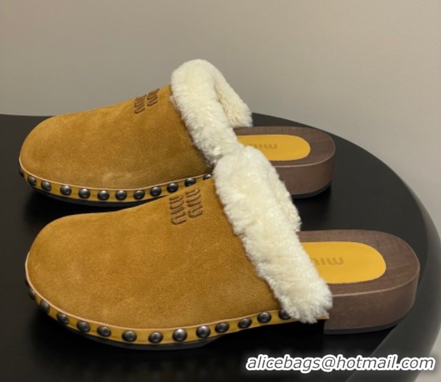 1:1 aaaaa Miu Miu Suede and Wool Clogs Mules Yellow MIU082609 0826058