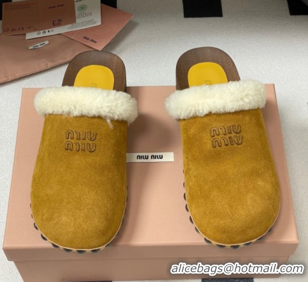 1:1 aaaaa Miu Miu Suede and Wool Clogs Mules Yellow MIU082609 0826058