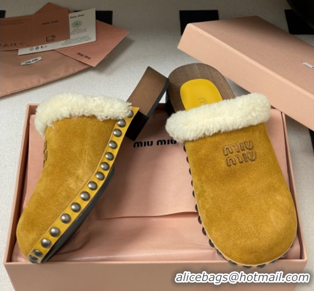 1:1 aaaaa Miu Miu Suede and Wool Clogs Mules Yellow MIU082609 0826058