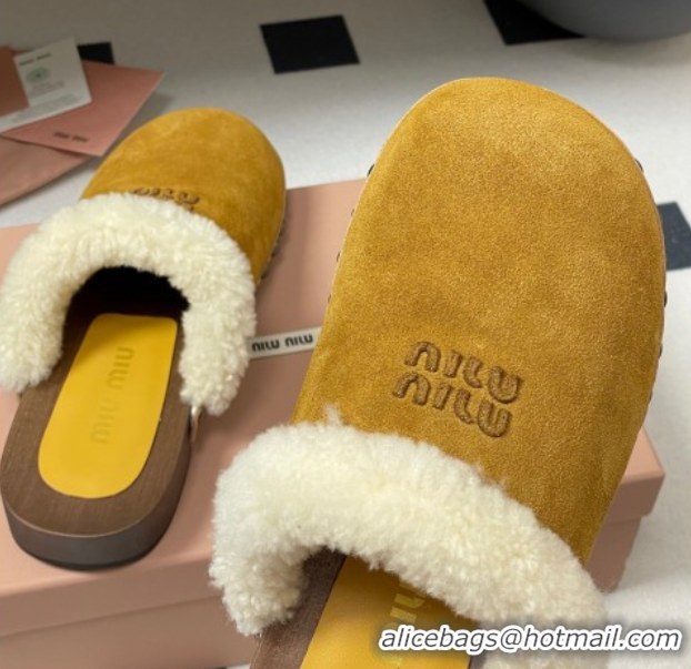 1:1 aaaaa Miu Miu Suede and Wool Clogs Mules Yellow MIU082609 0826058