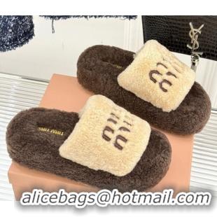 Sumptuous Miu Miu Shearling Platform Slides Sandal Beige/Brown MIU082609 0826059