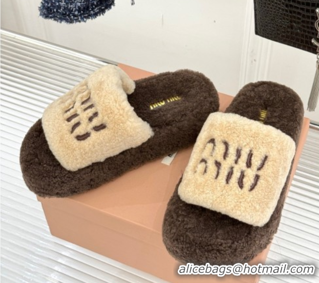 Sumptuous Miu Miu Shearling Platform Slides Sandal Beige/Brown MIU082609 0826059