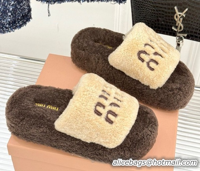 Sumptuous Miu Miu Shearling Platform Slides Sandal Beige/Brown MIU082609 0826059