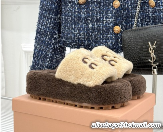 Sumptuous Miu Miu Shearling Platform Slides Sandal Beige/Brown MIU082609 0826059