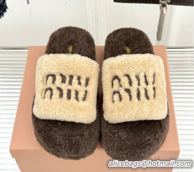 Sumptuous Miu Miu Shearling Platform Slides Sandal Beige/Brown MIU082609 0826059