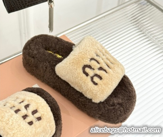 Sumptuous Miu Miu Shearling Platform Slides Sandal Beige/Brown MIU082609 0826059