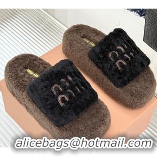 Pretty Style Miu Miu Shearling Platform Slides Sandal Black/Brown 2025 MIU082609 0826060