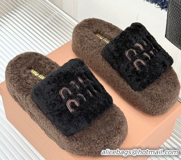 Pretty Style Miu Miu Shearling Platform Slides Sandal Black/Brown 2025 MIU082609 0826060
