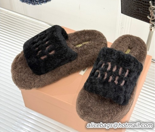 Pretty Style Miu Miu Shearling Platform Slides Sandal Black/Brown 2025 MIU082609 0826060