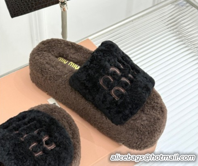 Pretty Style Miu Miu Shearling Platform Slides Sandal Black/Brown 2025 MIU082609 0826060