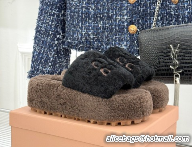 Pretty Style Miu Miu Shearling Platform Slides Sandal Black/Brown 2025 MIU082609 0826060