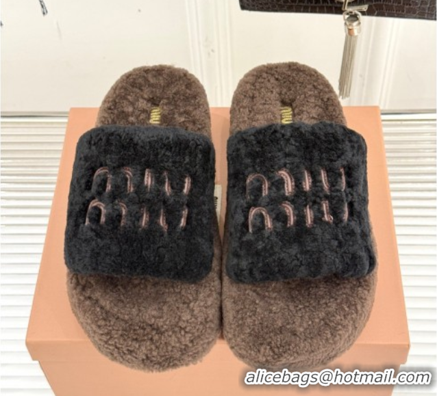 Pretty Style Miu Miu Shearling Platform Slides Sandal Black/Brown 2025 MIU082609 0826060
