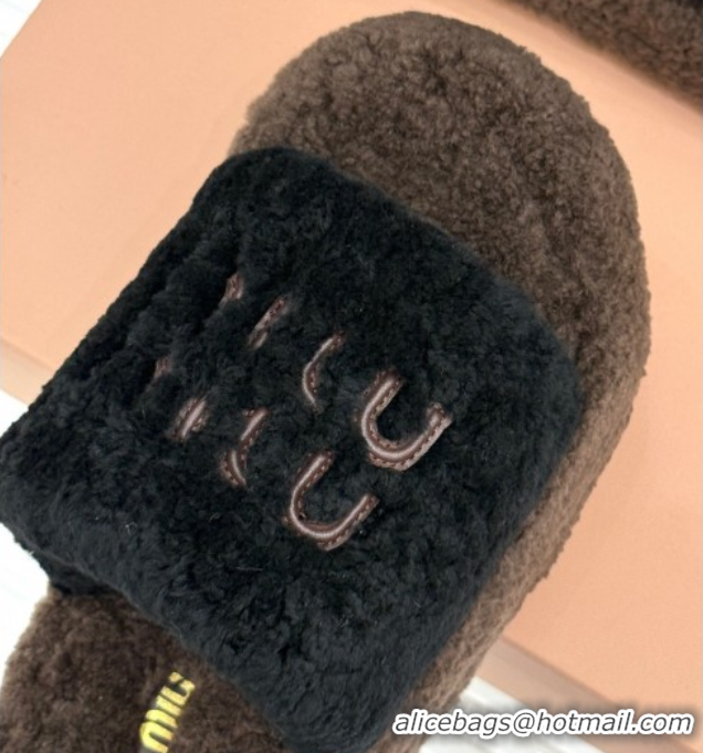 Pretty Style Miu Miu Shearling Platform Slides Sandal Black/Brown 2025 MIU082609 0826060