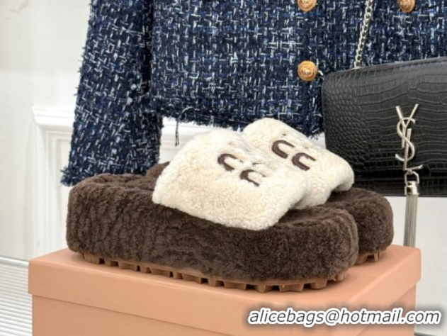 Good Quality Miu Miu Shearling Platform Slides Sandal White/Brown MIU082609 0826061