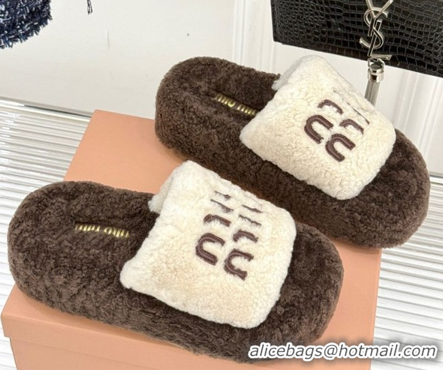 Good Quality Miu Miu Shearling Platform Slides Sandal White/Brown MIU082609 0826061