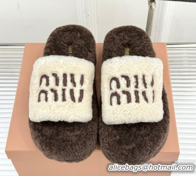 Good Quality Miu Miu Shearling Platform Slides Sandal White/Brown MIU082609 0826061