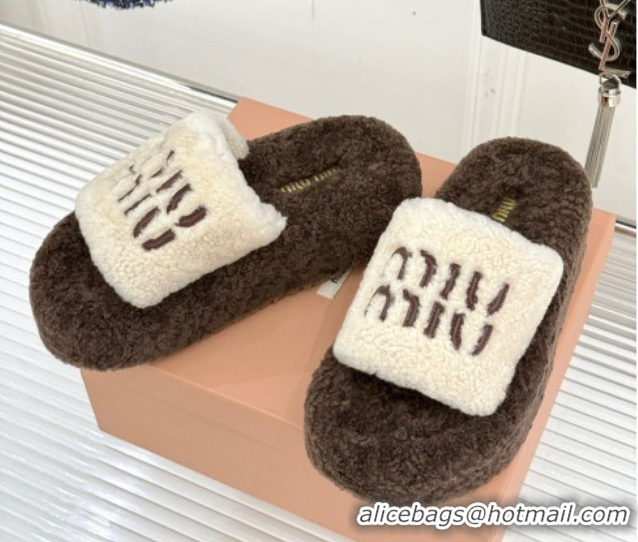 Good Quality Miu Miu Shearling Platform Slides Sandal White/Brown MIU082609 0826061