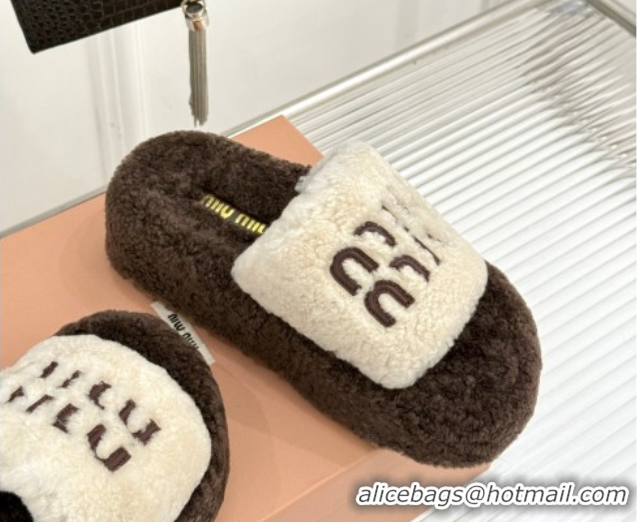 Good Quality Miu Miu Shearling Platform Slides Sandal White/Brown MIU082609 0826061