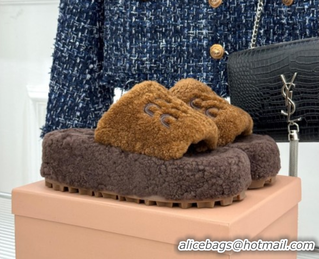 Stylish Miu Miu Shearling Platform Slides Sandal Dark/Brown MIU082609 0826062