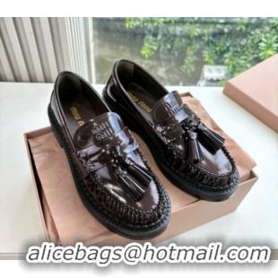Good Looking Miu Miu Shiny Calfskin Loafers with Tassel Dark Brown 090601