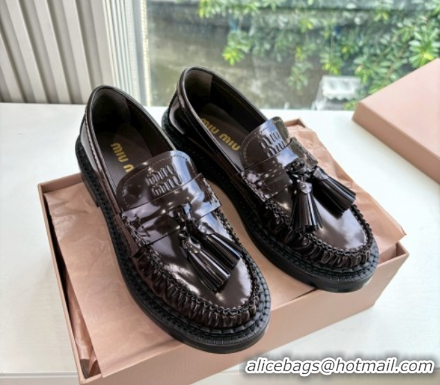 Good Looking Miu Miu Shiny Calfskin Loafers with Tassel Dark Brown 090601