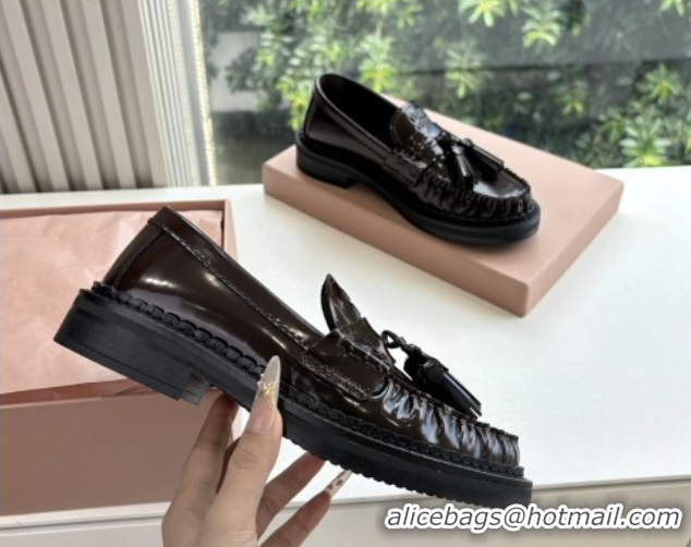 Good Looking Miu Miu Shiny Calfskin Loafers with Tassel Dark Brown 090601
