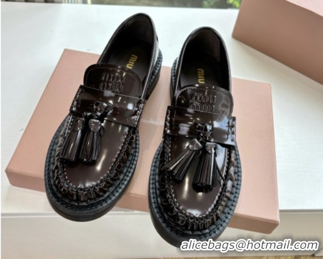 Good Looking Miu Miu Shiny Calfskin Loafers with Tassel Dark Brown 090601