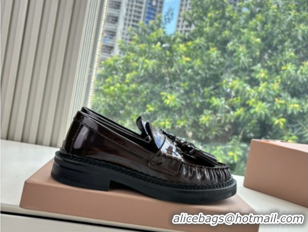 Good Looking Miu Miu Shiny Calfskin Loafers with Tassel Dark Brown 090601